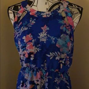 Long blue dress with floral pattern